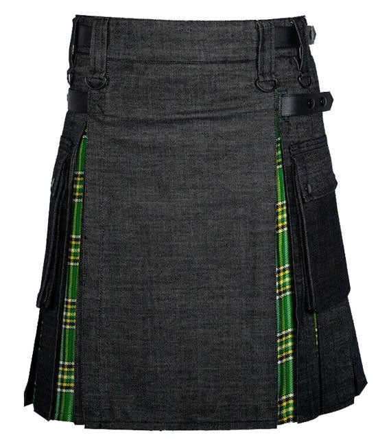 Kilt hybride cargo utilitaire écossais en denim noir à motif tartan irlandais