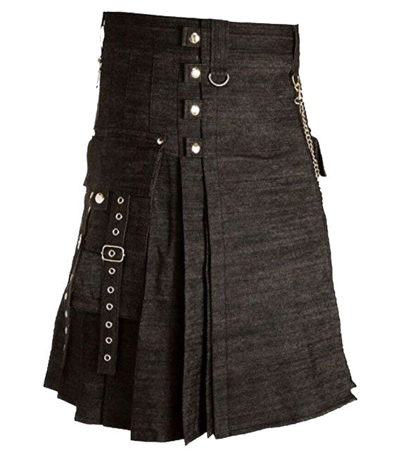 Kilt utilitaire en denim noir avec poches cargo