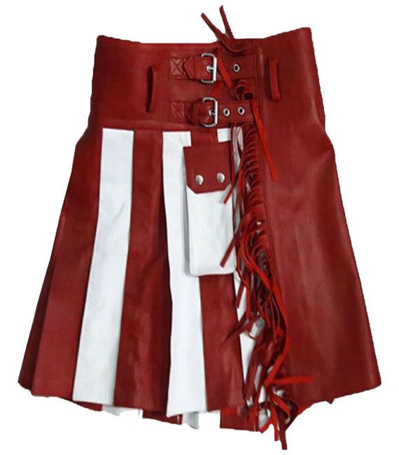 White And Red Women Leather Kilt