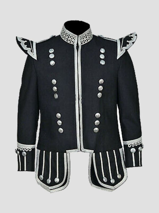 100% Wool New Scottish Black Military Drummer Doublet Tunic Jacket