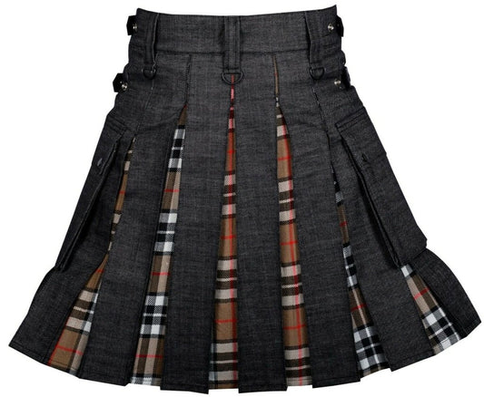 Black Denim Campbell of Thomson Tartan Scottish Utility Cargo Hybrid Kilt