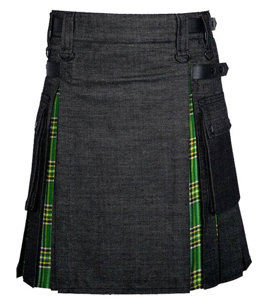 Black Denim Irish Tartan Scottish Utility Cargo Hybrid Kilt