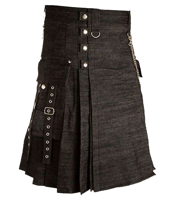 Black Denim Utility Kilt Style With Cargo Pockets