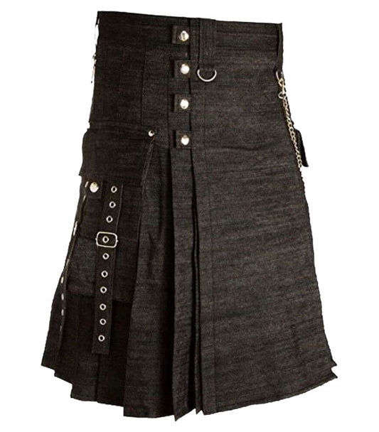 Black Denim Utility Kilt Style With Cargo Pockets