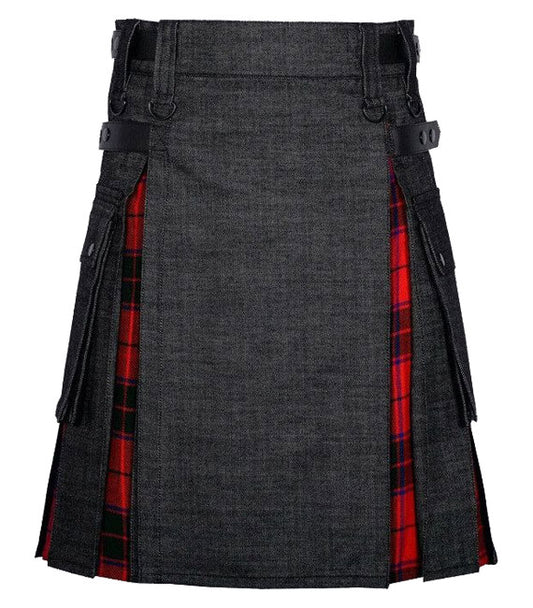 Black Denim Wallace Scottish Utility Cargo Hybrid Kilt