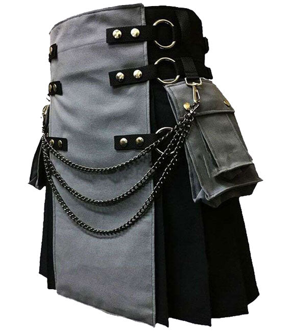 Black Grey with Chains Utility Kilt For Men