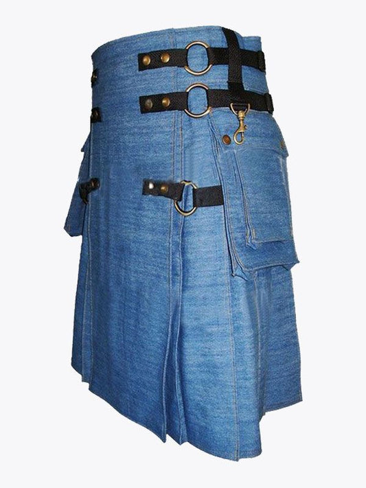 Blue Denim Cargo Fashion Utility Kilt For Men