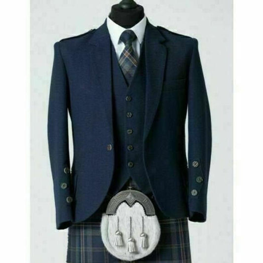 Blue Tweed Wool Argyle Kilt Jacket With Vest Scottish Wedding Kilt Jacket For Men