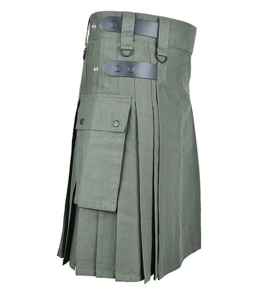 Green Cotton Utility Kilt For Men