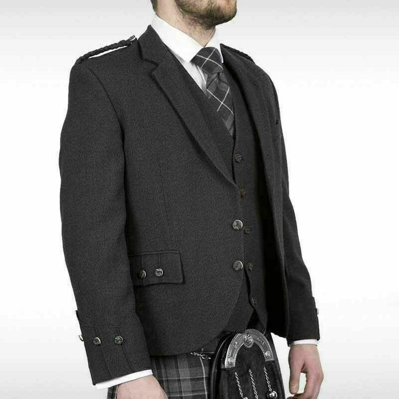 Grey Tweed Wool Argyle Kilt Jacket With Vest Wedding Kilt Jacket For Men