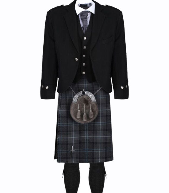 The Highland Granite Blue & Black Jacket Kilt Outfit blends bold blue accents with a traditional black jacket, creating a striking and refined look. Perfect for formal gatherings, it adds a touch of modern elegance to timeless heritage.