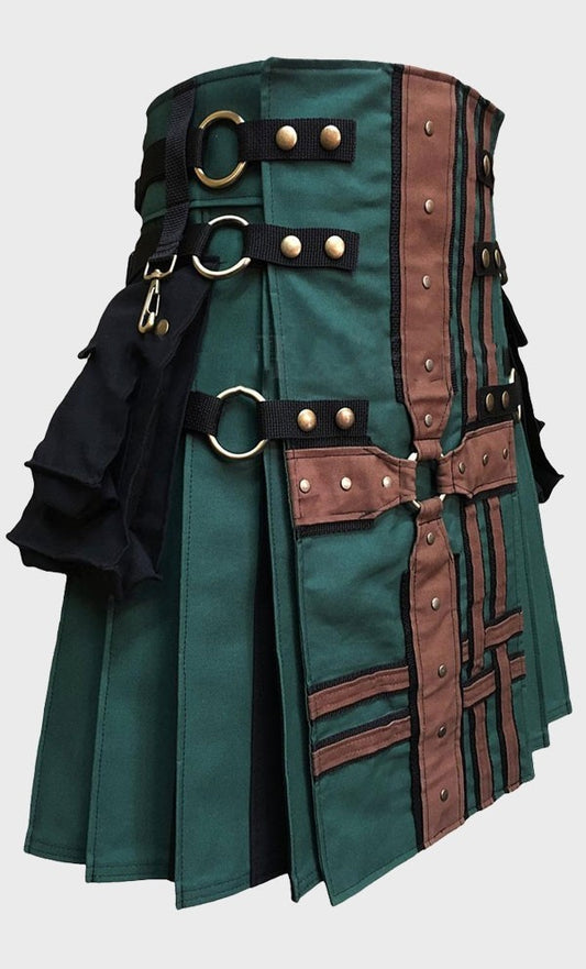 Hunter Green with Brown Medieval Cross and Black Pleats Modern Kilt