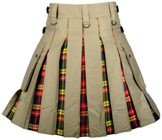 Khaki Cotton Buchanan Tartan Scottish Utility Cargo Hybrid Kilt