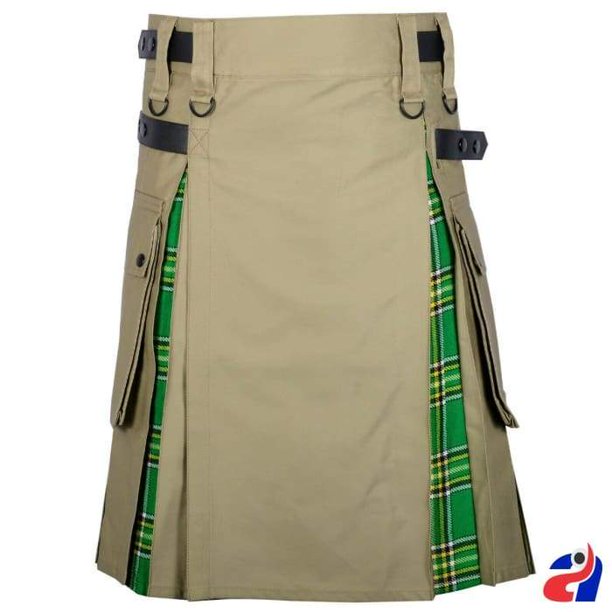 Khaki Cotton Irish Tartan Scottish Utility Cargo Hybrid Kilt