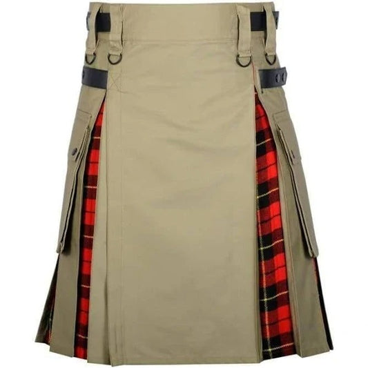 Khaki Cotton Wallace Tartan Scottish Utility Cargo Hybrid Kilt