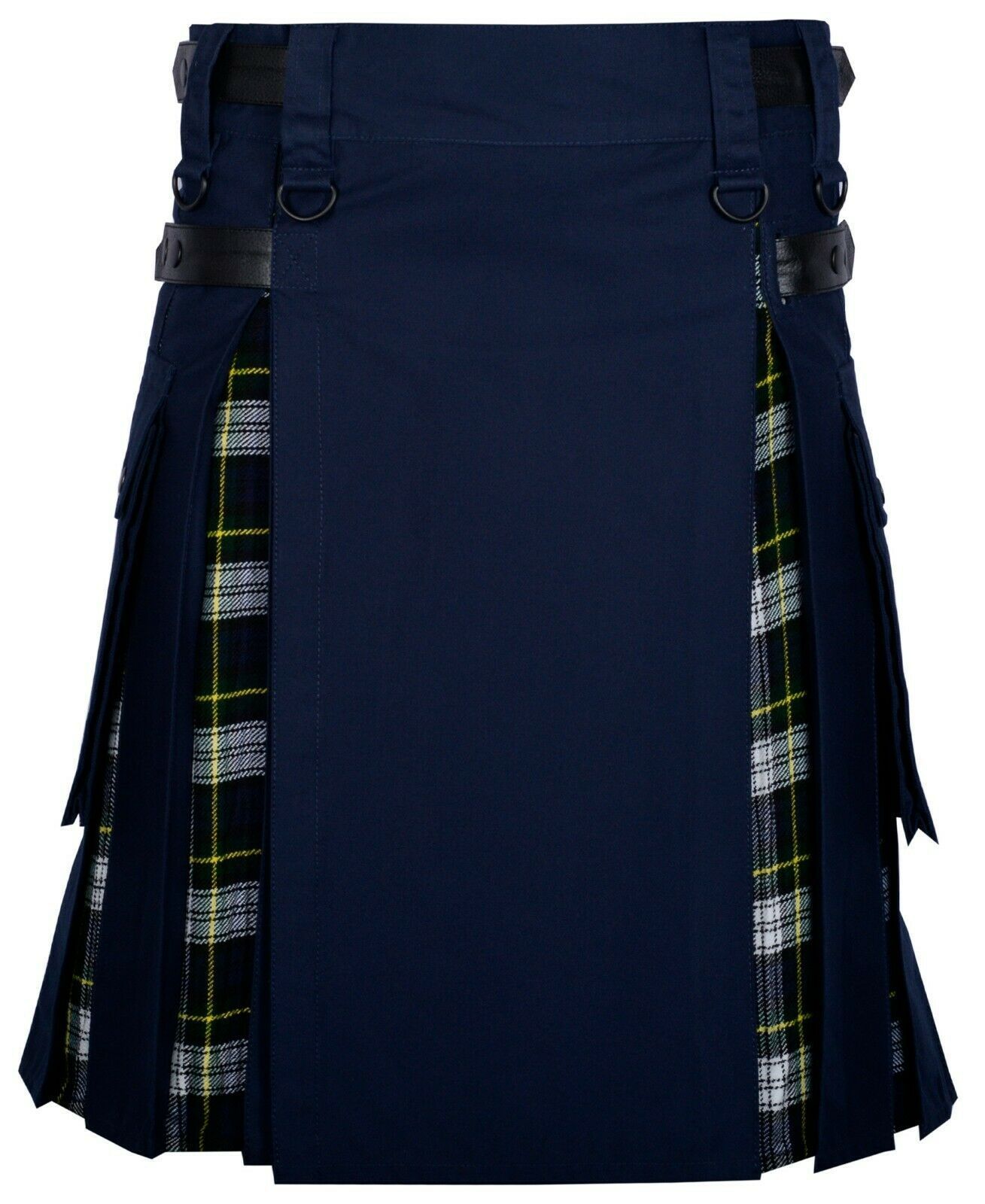 Navy Blue Cotton Dress Gordon Tartan Scottish Utility Cargo Hybrid Kilt