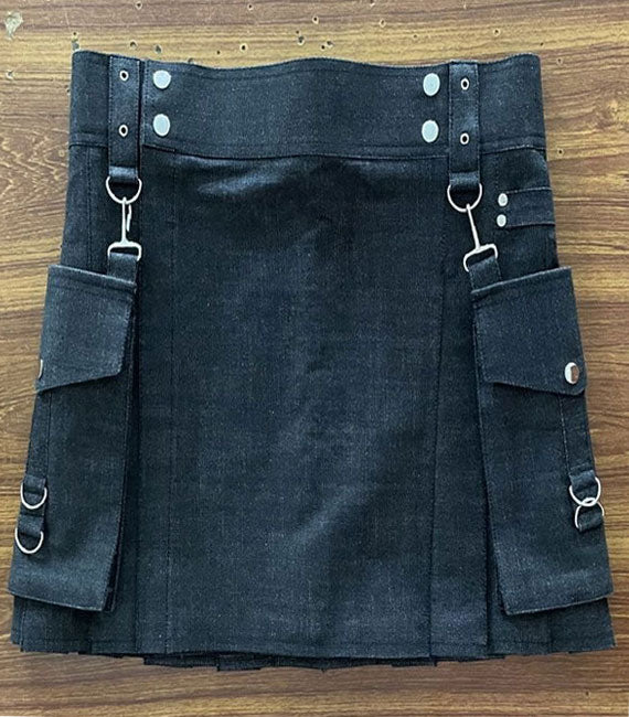 New Black Denim Kilt With Cargo Pockets