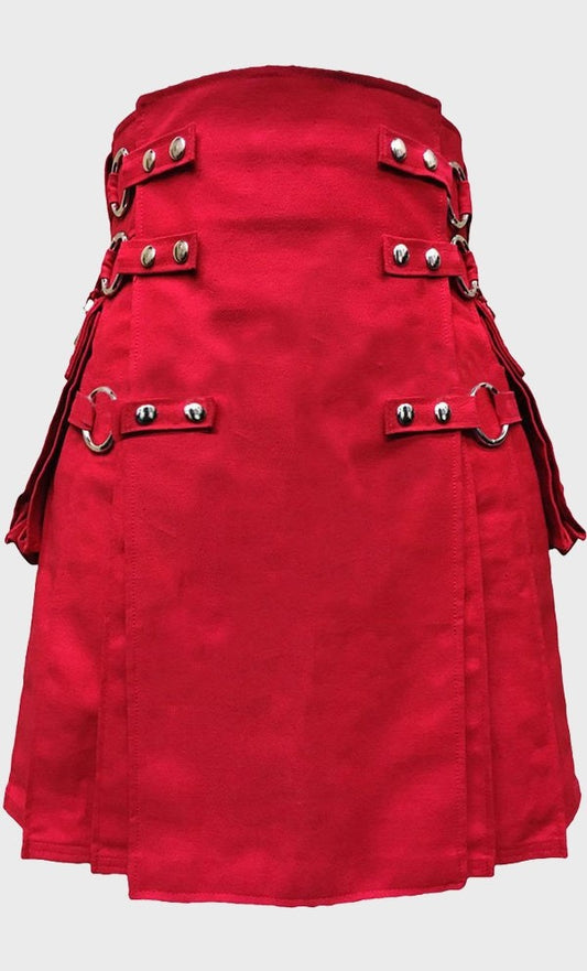 Red Canvas Cloth Straps Utility Kilt For Men