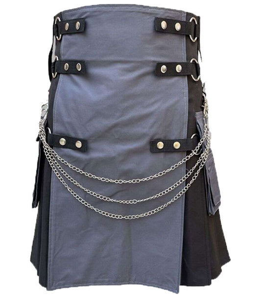 Scottish Black And Gray Cotton Kilt For Men