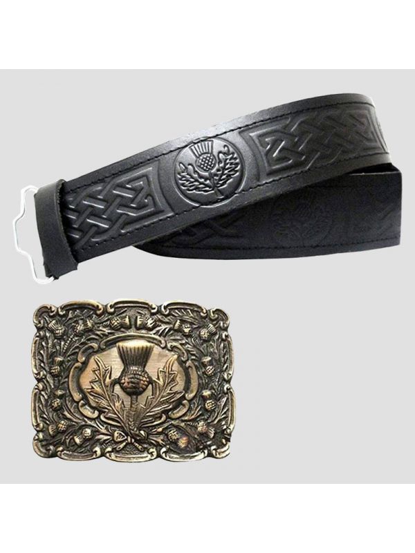 Thistle Embossed Leather Kilt Belt With Thistle Buckle